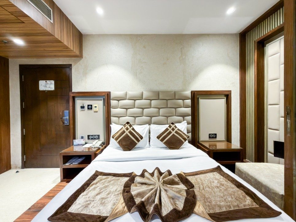 The warm, marble-finished lobby of Hotel Sawera Grand, Amritsar