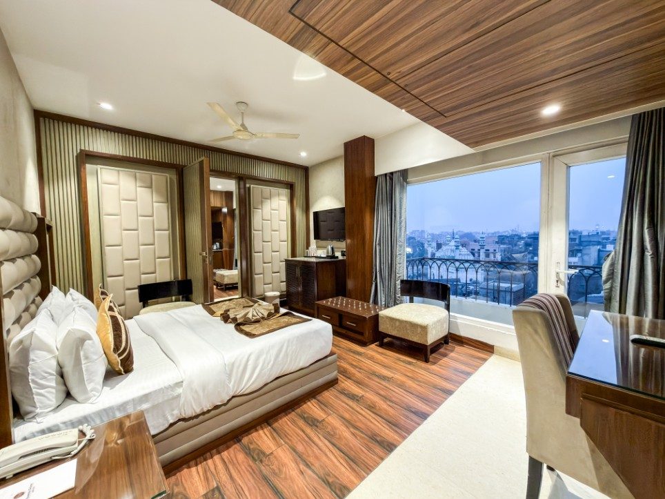 Upholstered bench seating in the K L Suite, Hotel Sawera Grand, Amritsar