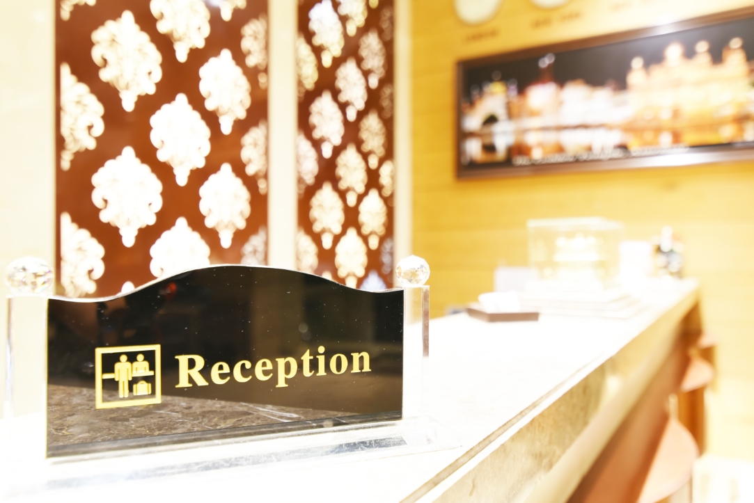 The 24-hour reception desk at Hotel Sawera Grand, Amritsar